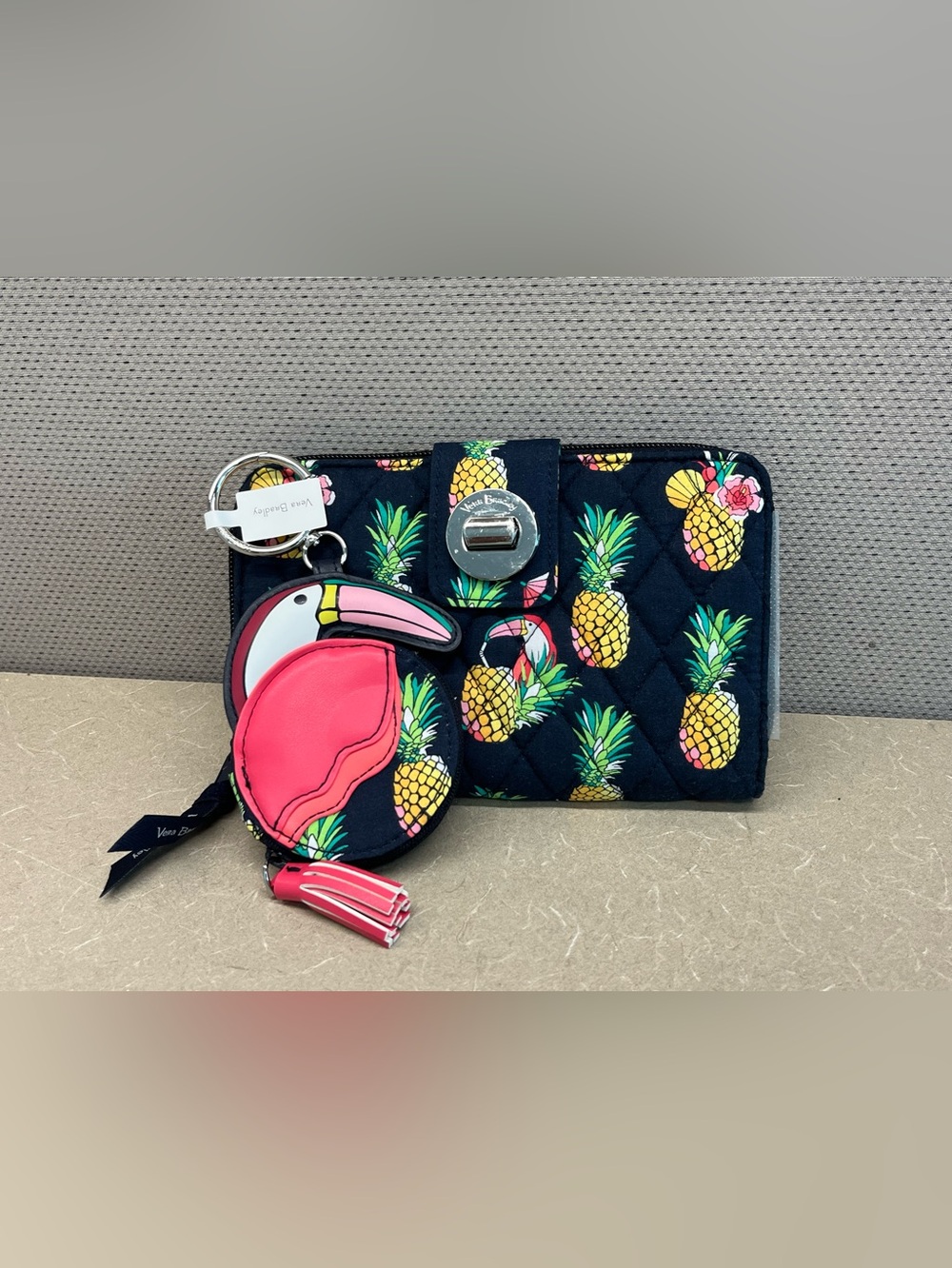 Vera Bradley Pineapple Toucan Party RFID Turnlock Wallet w/ Toucan Bag Charm